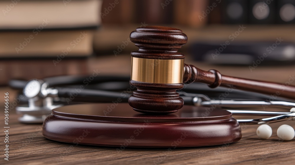 Gavel and Stethoscope on a Wooden Table Gavel and Stethoscope on a Wooden Table