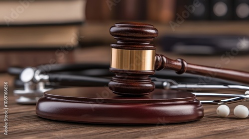 Gavel and Stethoscope on a Wooden Table