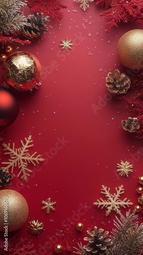 Festive holiday decorations featuring red and gold ornaments and snowflakes on a vibrant background