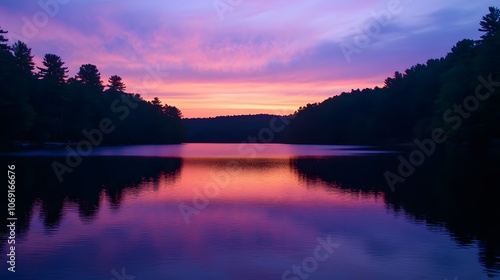 A tranquil lake at sunset features reflections of a colorful sky shimmering on the water's surface, creating a serene and picturesque scene.