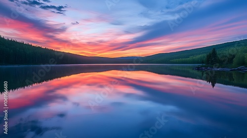 A tranquil lake at sunset features reflections of a colorful sky shimmering on the water's surface, creating a serene and picturesque scene. photo