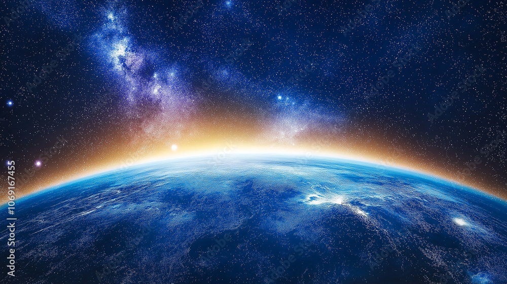 Obraz premium Earthrise: A breathtaking view of our planet as seen from space, bathed in the warm glow of a sunrise, with the Milky Way galaxy stretching across the cosmic canvas above. 