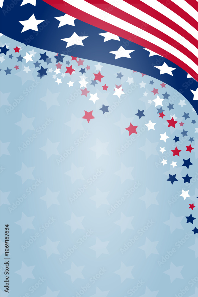 Fototapeta premium US holiday background Copy space banner USA waving flags Festive design Billboard template United States of America Patriotic template Confetti Stars and stripes Vertical flyer