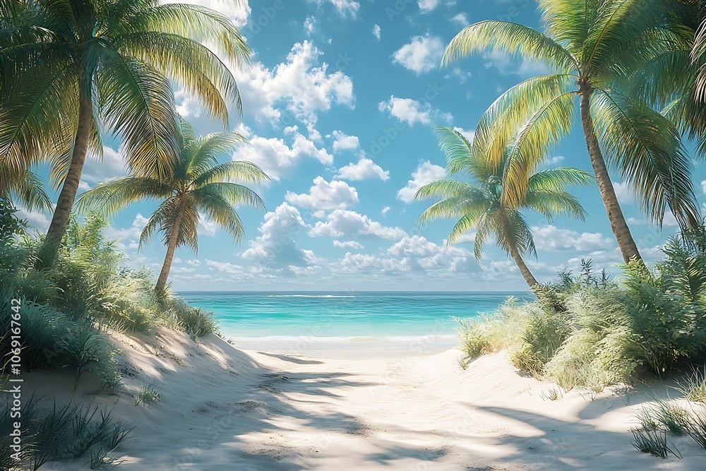 Obraz premium Palm Trees Framing a Tranquil Turquoise Beach