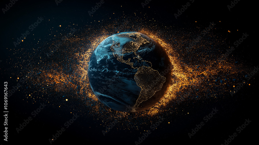 Obraz premium Fiery Earth: A dramatic, stylized depiction of planet Earth engulfed in a fiery, particle-like aura, suggesting themes of global change, energy, or cosmic power. 