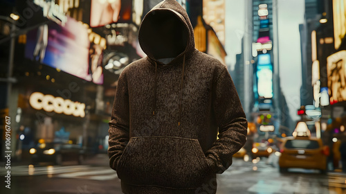 Hoodie Mockup - A faceless figure in a hoodie stands in a vibrant urban setting, evoking mystery and anonymity.