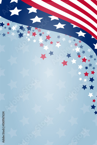 US holiday background Copy space banner USA waving flags Festive design Billboard template United States of America Patriotic template Confetti Stars and stripes Vertical flyer