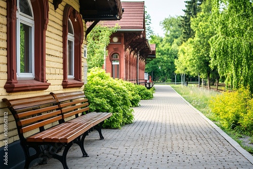 Historic Train Station with Brick Walls and Wooden Bench