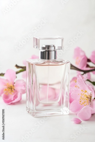 Elegant glass perfume bottle with pink flowers