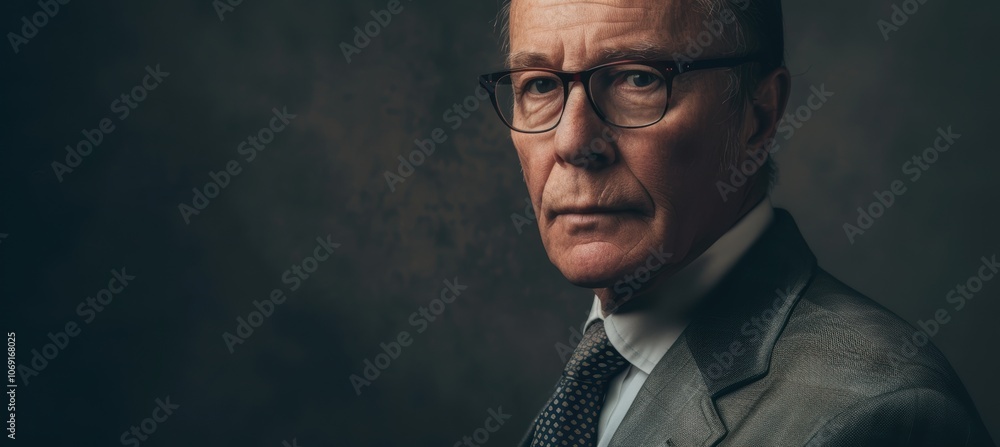 Professional Portrait of Mature Man in Glasses Against Dark Gray Background Professional Portrait of Mature Man in Glasses Against Dark Gray Background