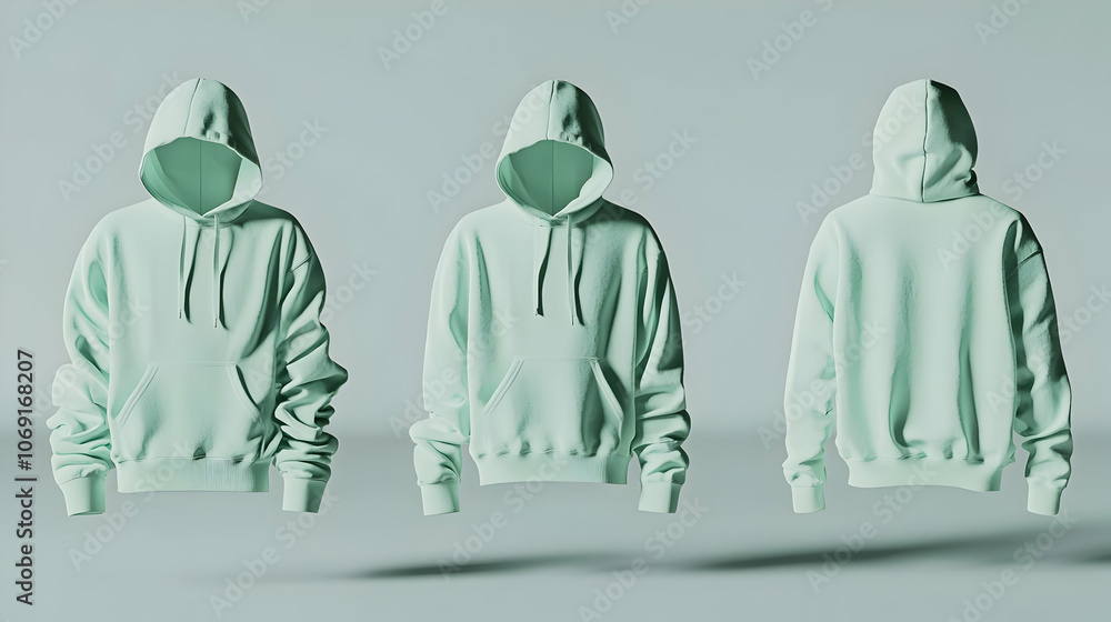 Hoodie Mockup - A mint green hoodie displayed from three angles against a minimalist background. Hoodie Mockup - A mint green hoodie displayed from three angles against a minimalist background.