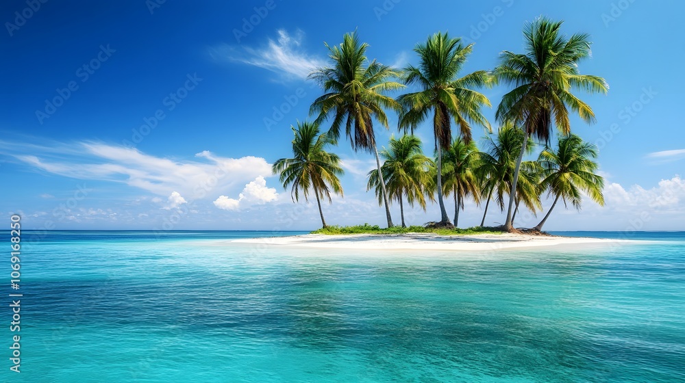 A tropical island featuring palm trees, white sandy beaches, and crystal clear blue waters. This raw scene showcases the idyllic paradise with its pristine sand and vibrant, transparent sea. A tropical island featuring palm trees, white sandy beaches, and crystal clear blue waters. This raw scene showcases the idyllic paradise with its pristine sand and vibrant, transparent sea.
