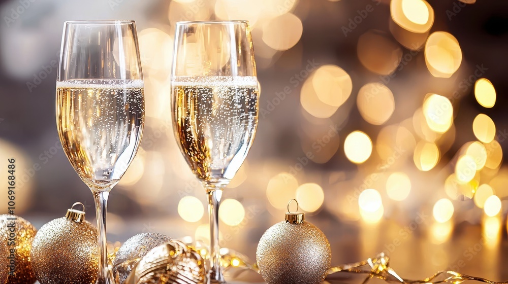 New Year Celebration with Champagne and Ornaments New Year Celebration with Champagne and Ornaments