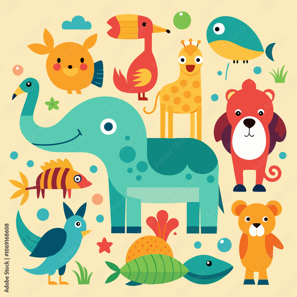 set of animals fish elephant set of animals fish elephant