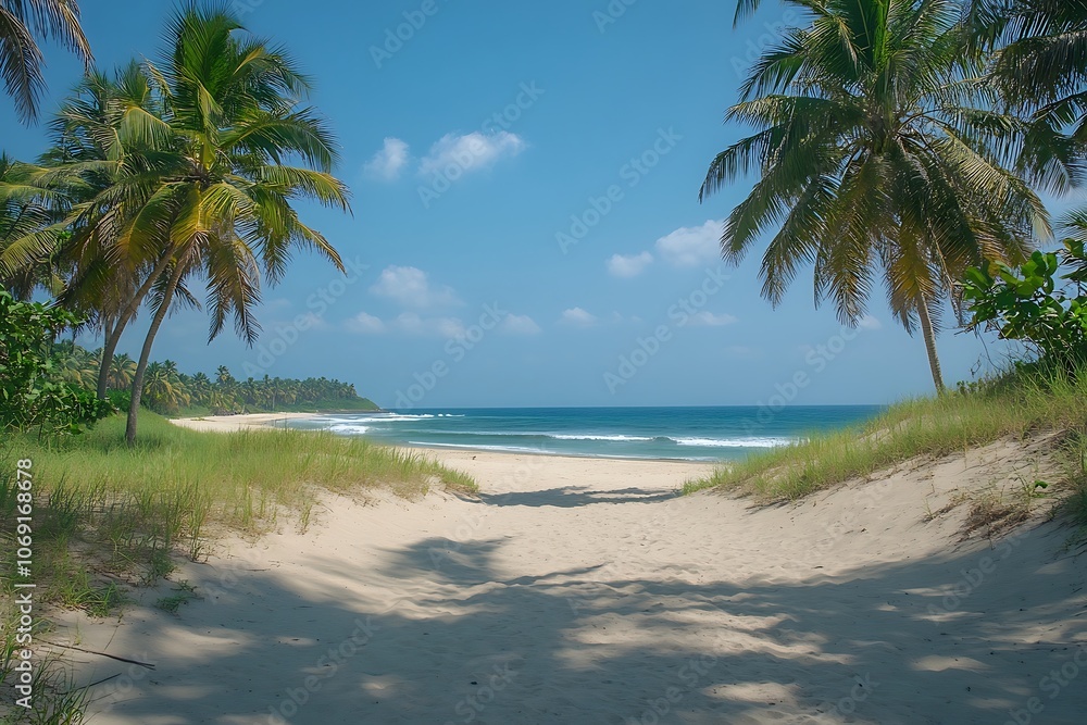 Palm Trees Framing Sun-Kissed Sandy Beach Escape Palm Trees Framing Sun-Kissed Sandy Beach Escape