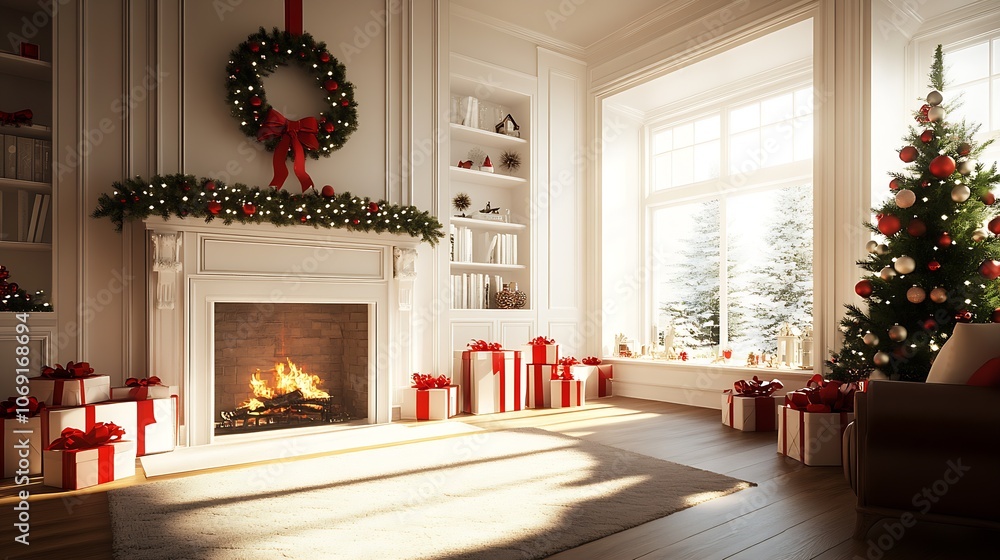 Naklejka premium Bright Christmas Living Room with Holiday Decor and Festive Fire at Daytime : Generative AI