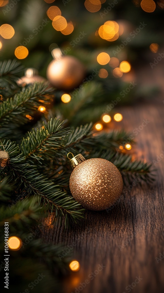 Christmas balls and branch of fir tree on wooden table, festive background Christmas balls and branch of fir tree on wooden table, festive background