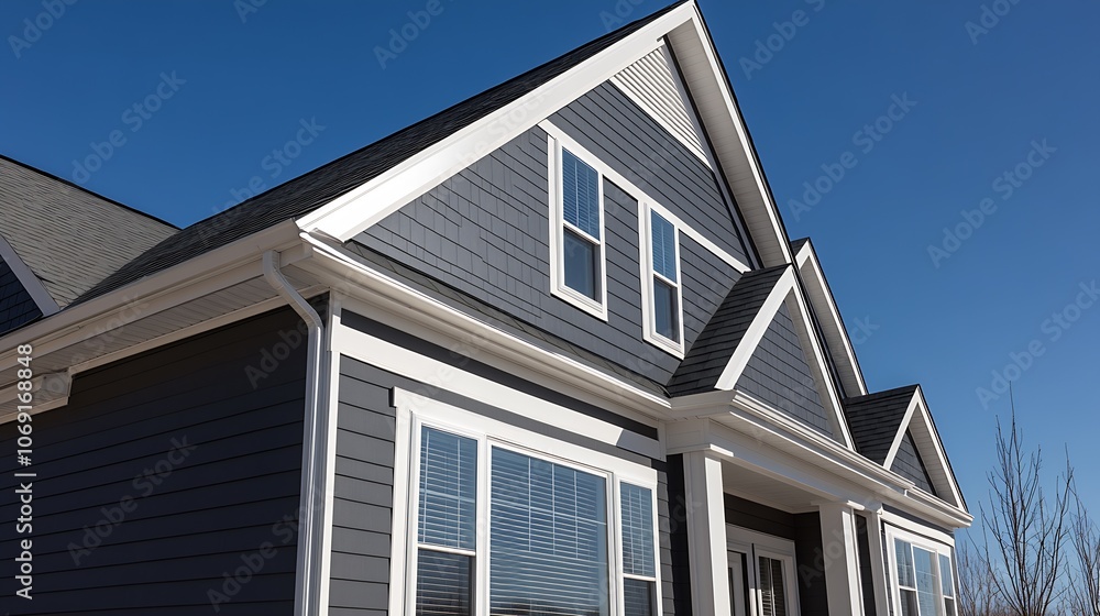 Modern Architectural Design of Grey House with White Window Frames and Gable Roof Accentuated by Clear Blue Sky : Generative AI Modern Architectural Design of Grey House with White Window Frames and Gable Roof Accentuated by Clear Blue Sky : Generative AI