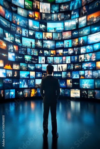 Businessman Monitoring Global News and Data on a Massive Video Wall in Dark Control Room