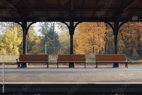 Empty Train Platform with Wooden Benches and Autumn Leaves