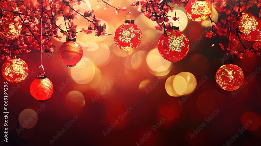 Festive New Year Lanterns with Blossoming Branches Festive New Year Lanterns with Blossoming Branches