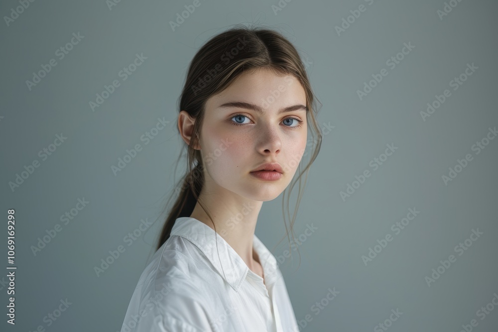 Minimalist Portrait of Young Woman in White Shirt Against Light Gray Background Minimalist Portrait of Young Woman in White Shirt Against Light Gray Background