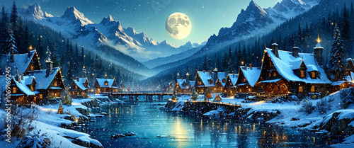 Schneefall in einer sibirischen Winterlandschaft: Ein Dorf aus der Vergangenheit an einem Fluss, aus den Häusern dringt warmes Licht in die weihnachtliche Landschaft.