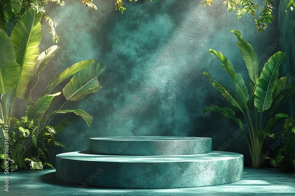 Tropical Green Leaves Background with Product Display Tropical Green Leaves Background with Product Display