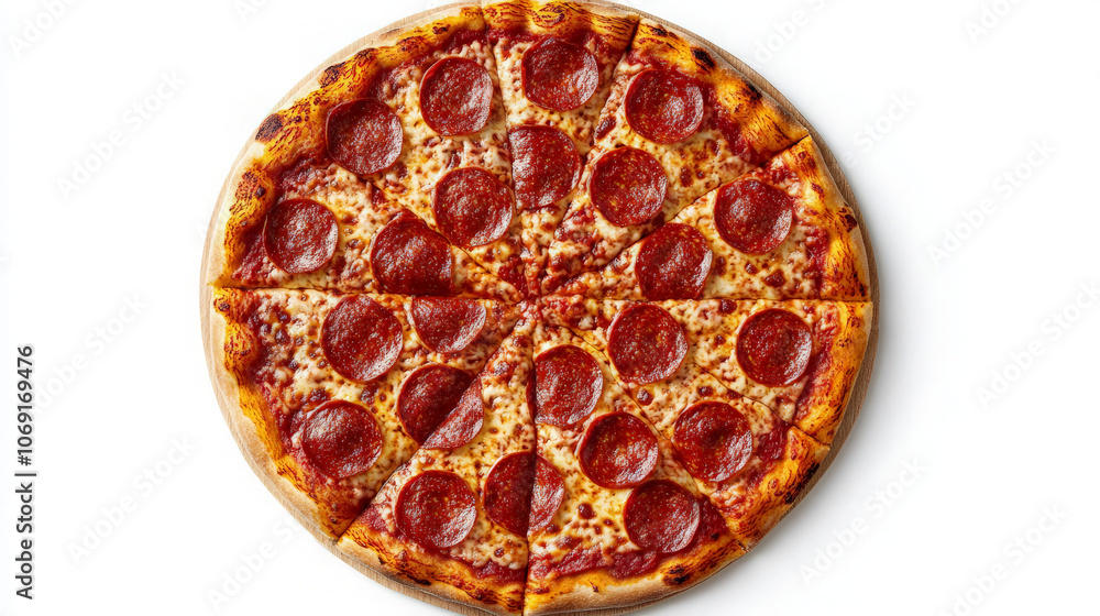 A round pizza topped with pepperoni slices and cheese, cut into triangular pieces. A round pizza topped with pepperoni slices and cheese, cut into triangular pieces.