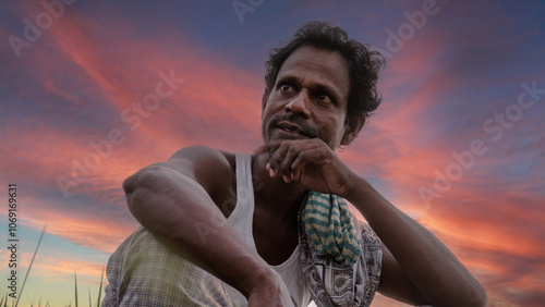 Farmers of Bangladesh in Asia. A farmer sits under the twilight sky and looks at the horizon. Photo taken on 22 October 2023 from Rajbari, Bangladesh.