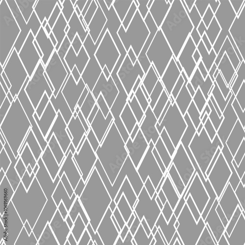 Abstract geometric seamless pattern. Random white rhombuses contour on gray background. Minimalist vector decorative ornament. Monochrome grey background natural colors for your design project