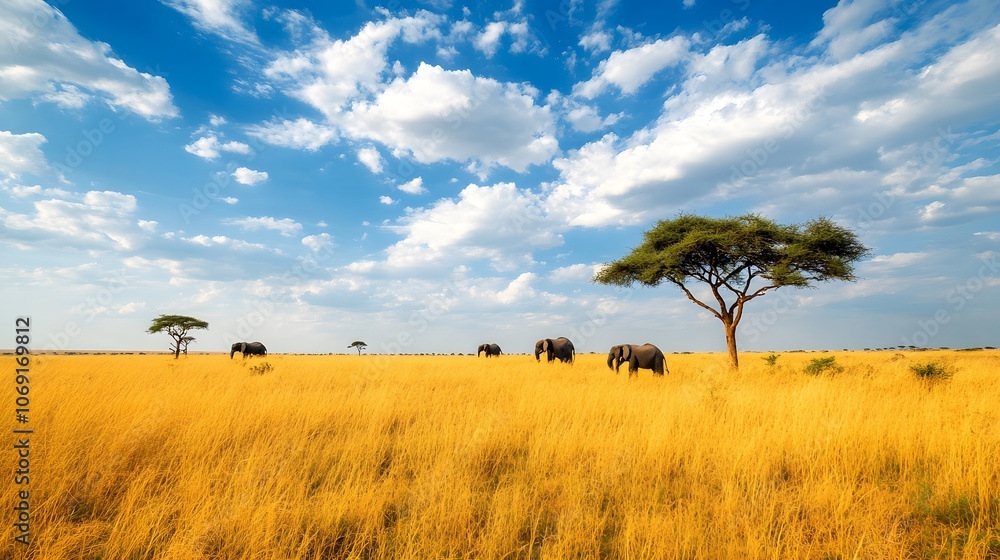 A vast savannah with golden grasses, acacia trees, and wildlife including elephants. A vast savannah with golden grasses, acacia trees, and wildlife including elephants.