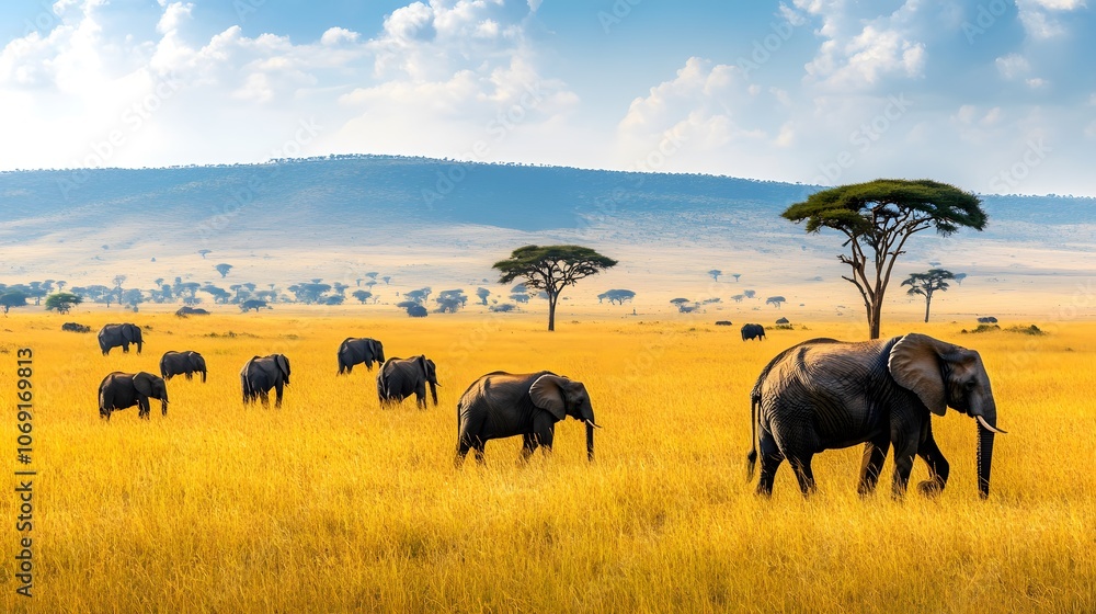 A vast savannah with golden grasses, acacia trees, and wildlife including elephants. A vast savannah with golden grasses, acacia trees, and wildlife including elephants.