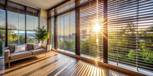 Sunlit Room With Wooden Blinds, Couch And Green View, Blinds, Interior, Sunlight, Window