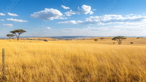 A vast savannah with golden grasses, acacia trees, and wildlife including elephants.