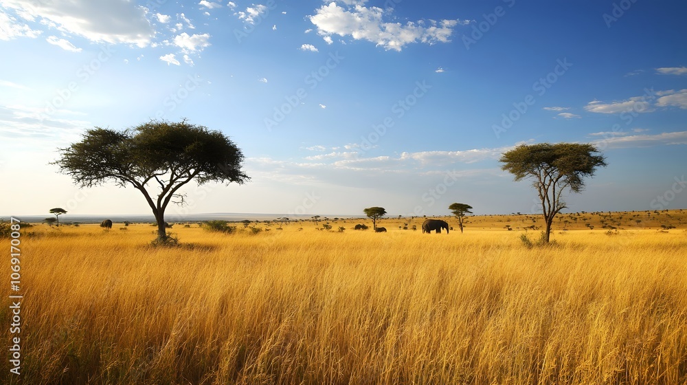 A vast savannah with golden grasses, acacia trees, and wildlife including elephants. A vast savannah with golden grasses, acacia trees, and wildlife including elephants.