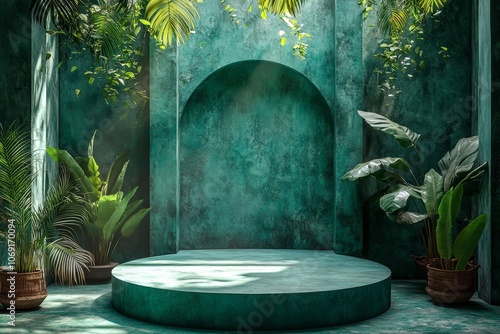 Tropical Paradise: Lush Greenery and a Round Platform
