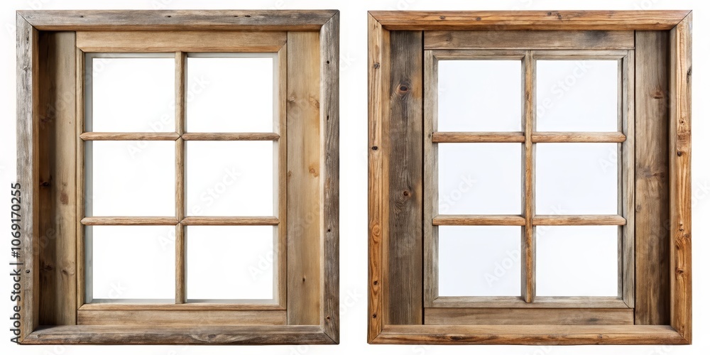 Rustic Wooden Window Frame with Panes, Two Variations, Isolated on White Background, Window Frame, Wooden Frame, Rustic Design Rustic Wooden Window Frame with Panes, Two Variations, Isolated on White Background, Window Frame, Wooden Frame, Rustic Design