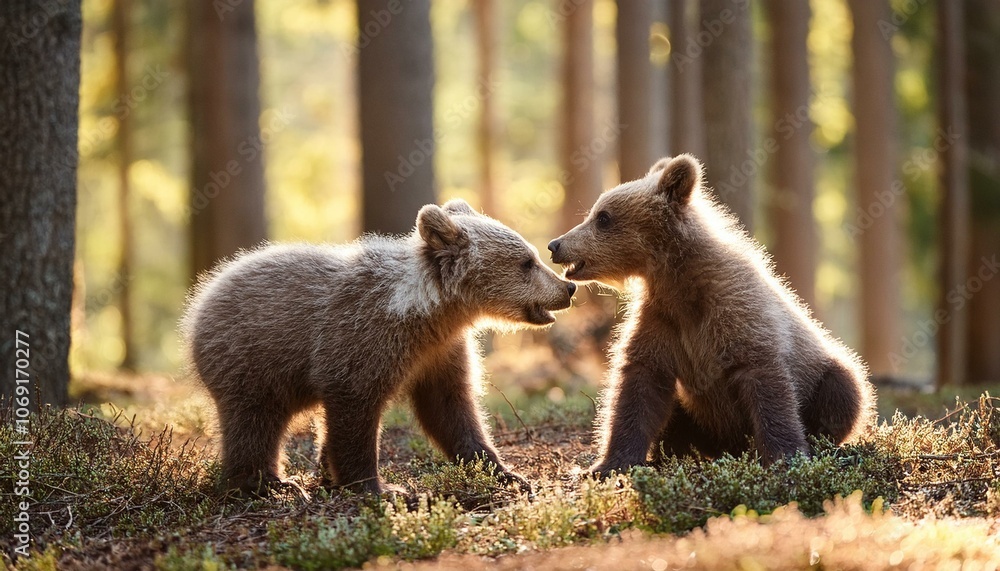 Fototapeta premium Two little bears cubs playing with each other in the forest