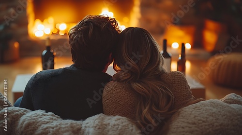 Intimate couple's evening by the fireplace with candlelit romantic ambiance : Generative AI