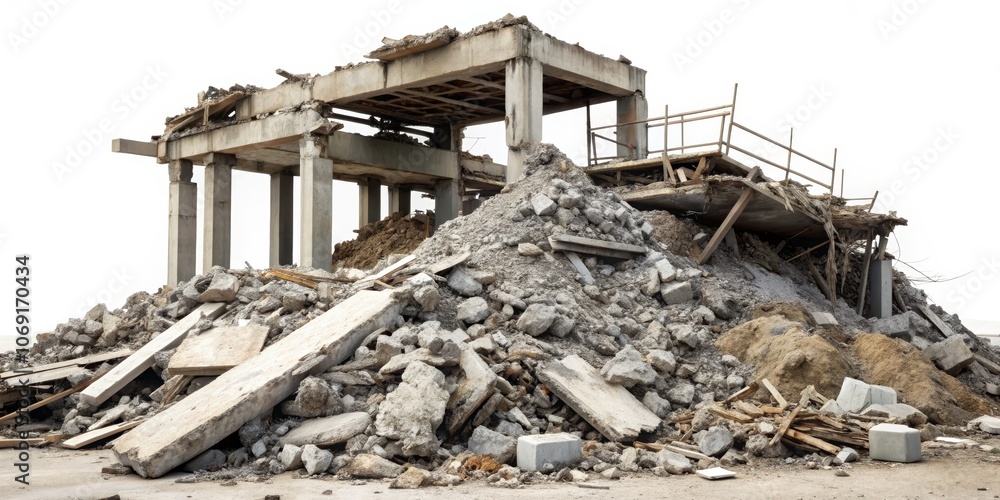 Ruined Concrete Structure with Debris Pile, isolated, white background, rubble, destruction, demolition Ruined Concrete Structure with Debris Pile, isolated, white background, rubble, destruction, demolition