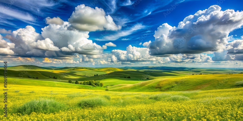 Obraz premium Rolling Green Hills and Fluffy Clouds, Landscape Photography, Lush Fields, Sky, Clouds, Nature,