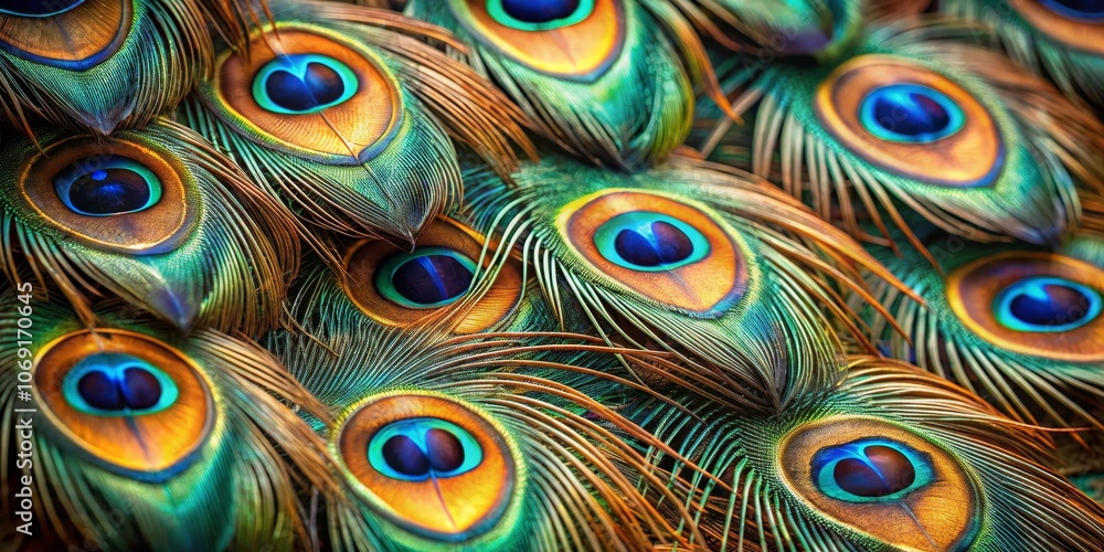 Fototapeta premium Peacock Feather Close-Up A Symphony of Colors and Patterns, Peacock Feather, Feathers, Nature