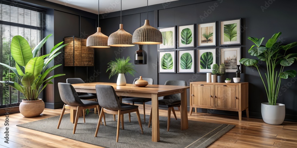 Fototapeta premium Modern Dining Room Interior with Wooden Table and Black Chairs, Grey Rug, and Tropical Plants, 3D Rendering, Interior Design, Home Decor, Dining Room
