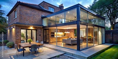 Modern Glass Extension to Brick Home, Evening Light, Outdoor Patio Dining, Brick, Glass, Architecture, Design