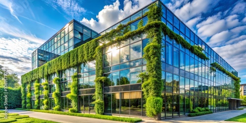 Modern Glass Building Covered in Lush Greenery, Wide Angle, Architecture, Exterior, Green Building, Green Architecture, Sustainable Architecture