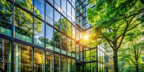 Modern Glass Building Reflecting Lush Green Trees, Sun Shining Through Windows, Architecture, Sustainable Design, Urban Greenery. Modern Architecture, Sustainable Design, Urban Greenery