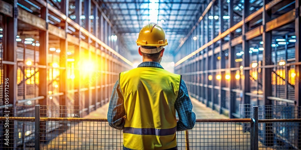 Industrial Worker's Perspective A Back View of a Construction Worker in a Yellow Hard Hat and Safety Vest, Looking Towards the Bright Future, construction, industrial, safety Industrial Worker's Perspective A Back View of a Construction Worker in a Yellow Hard Hat and Safety Vest, Looking Towards the Bright Future, construction, industrial, safety