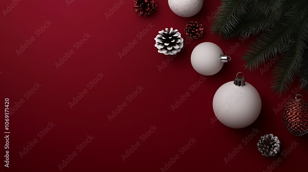 Festive Christmas Ornaments with Evergreen Branches on Elegant Red Background : Generative AI Festive Christmas Ornaments with Evergreen Branches on Elegant Red Background : Generative AI