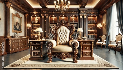 A luxurious office with royal elegance, adorned with rich details and a majestic throne. photo